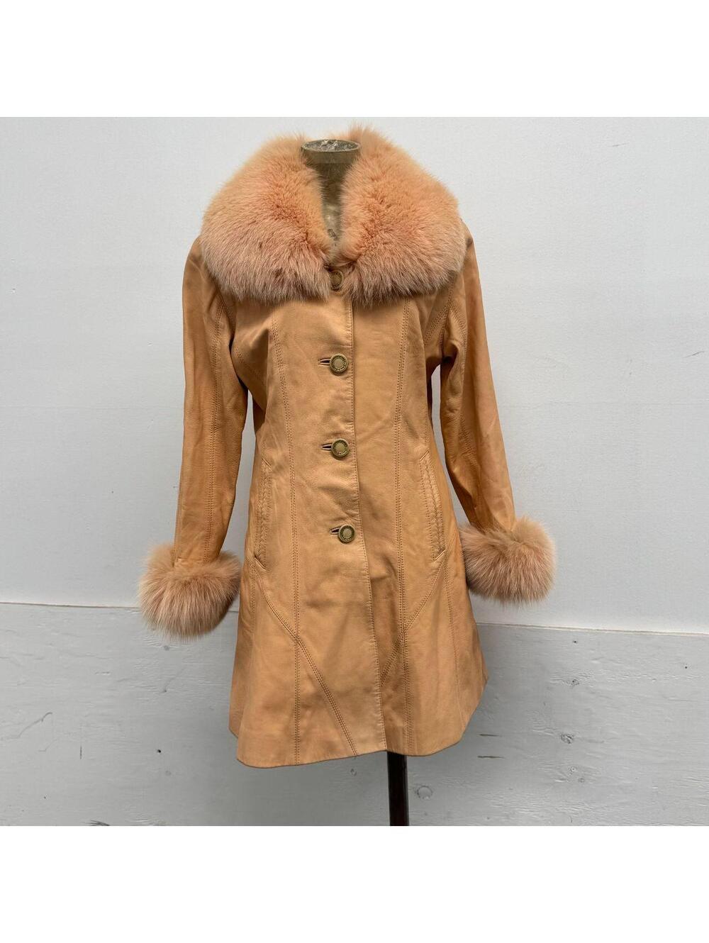 Vintage Y2K Peach Leather Afghan Trench Coat w Fox Fur Trim